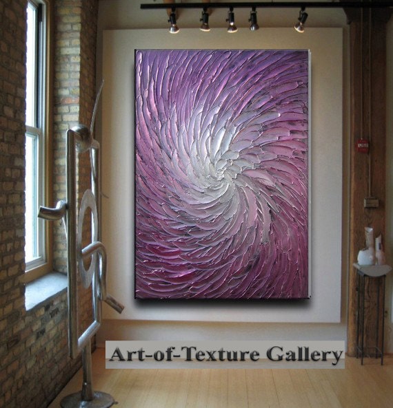 30 x 40 Custom Original Abstract Texture Modern Purple Pink Silver Metallic Carved Floral Sculpture Knife Oil Painting by Je Hlobik
