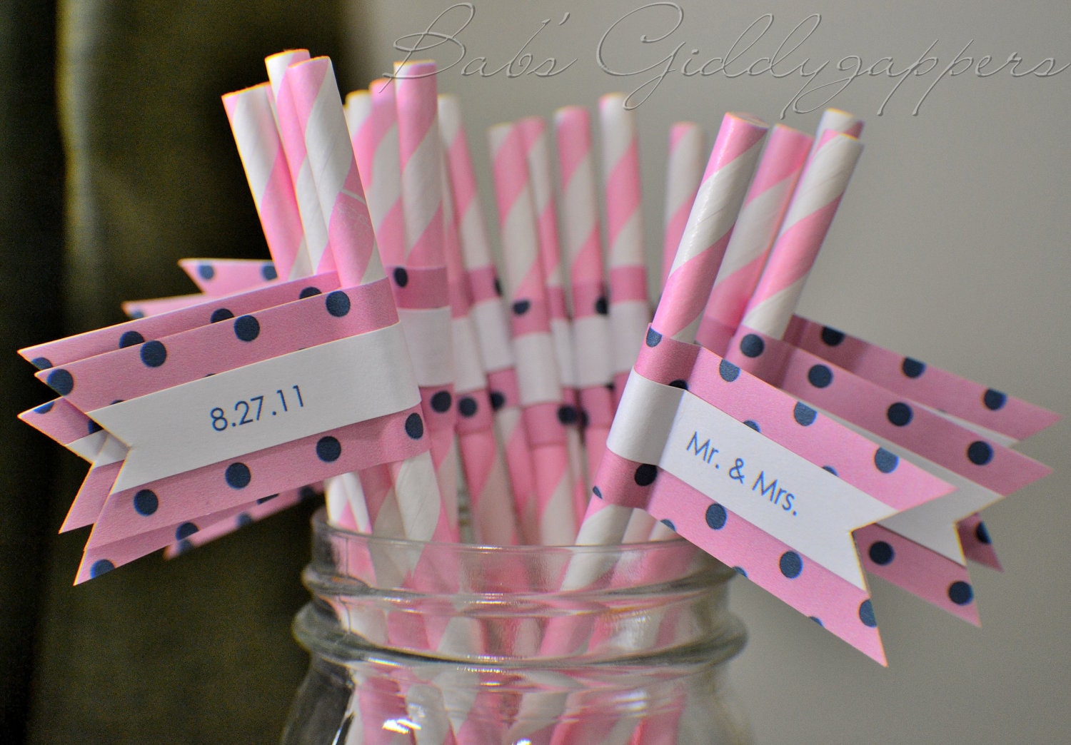 Pink and White Stripe Straws with Personalized Flags