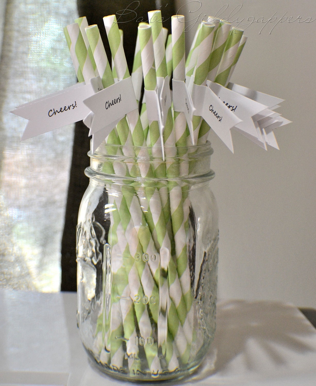 Green and White Stripe Straws with Flag