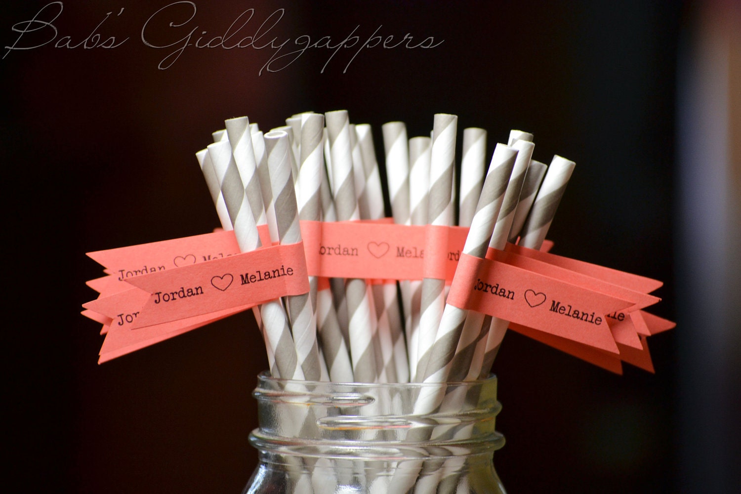 Grey and White Straws with Coral Single Layer Flags