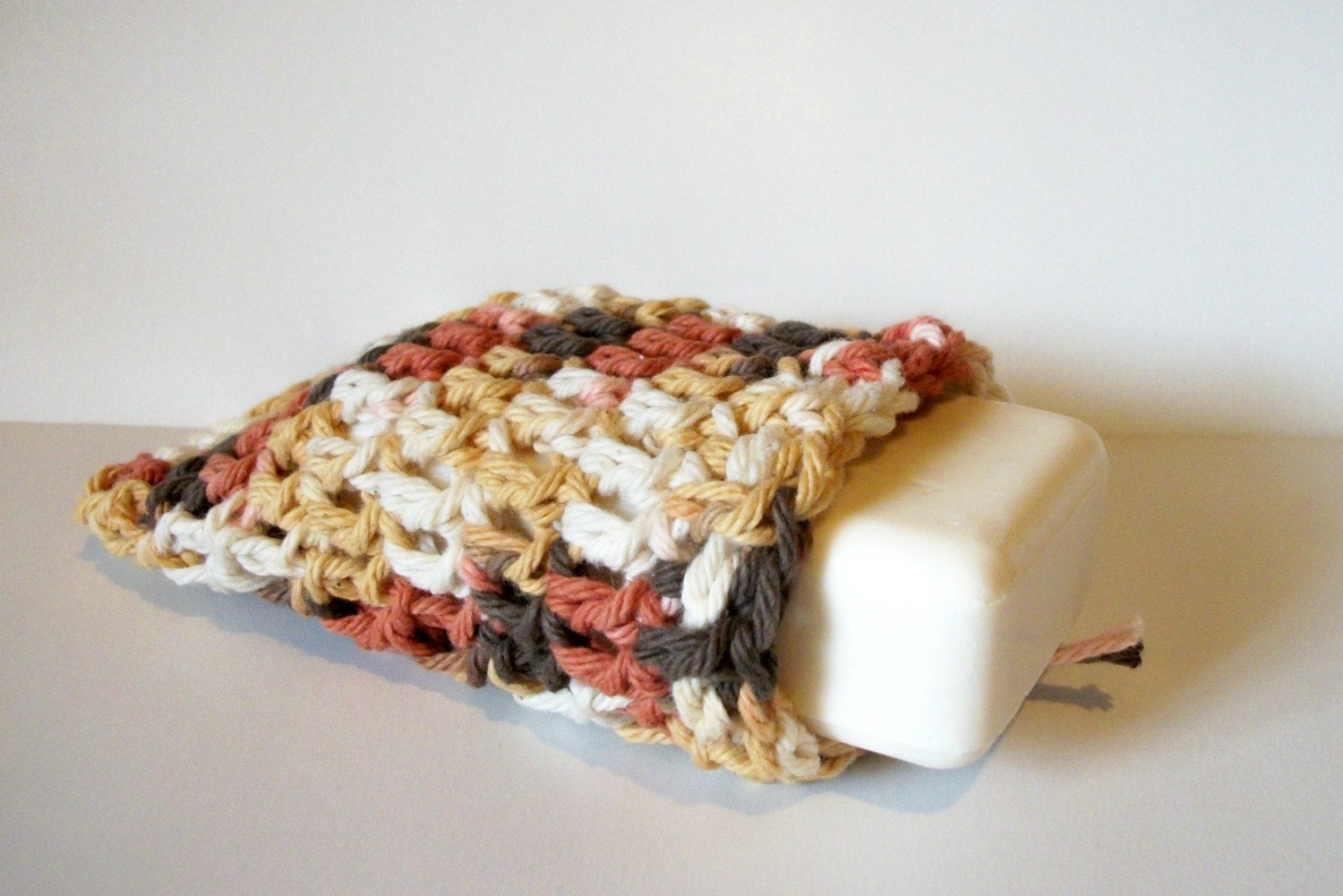 100% Cotton Crochet Soap Saver Sack Brown Tones Rustic Rust, Gold, Brown, Cream Ready To Ship