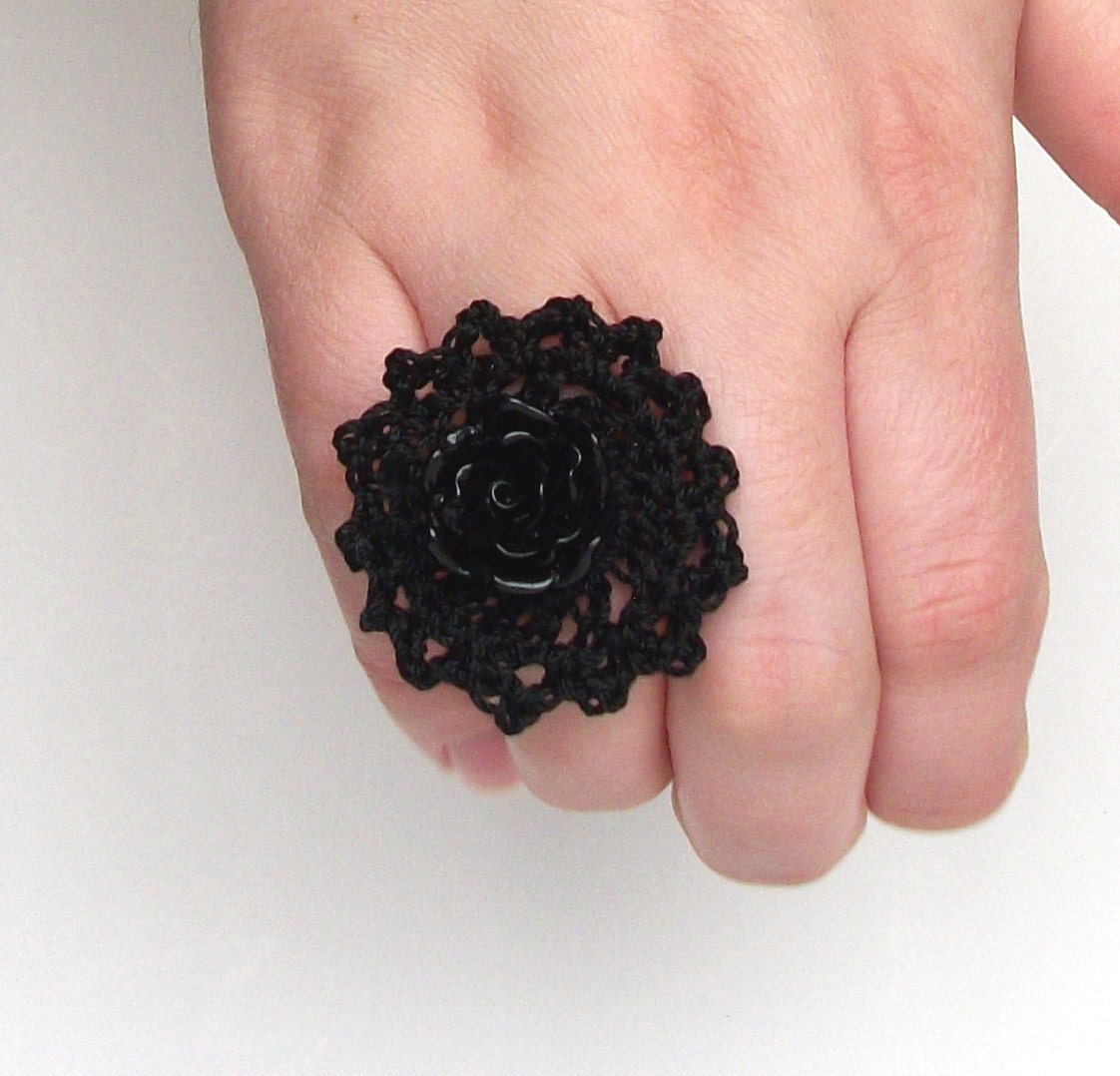Crochet Jewelry Cocktail Ring Delicate Ring Goth Black Rose Ring Filigree With Crochet Lace Doily Gothic Adjustable Gunmetal Ring