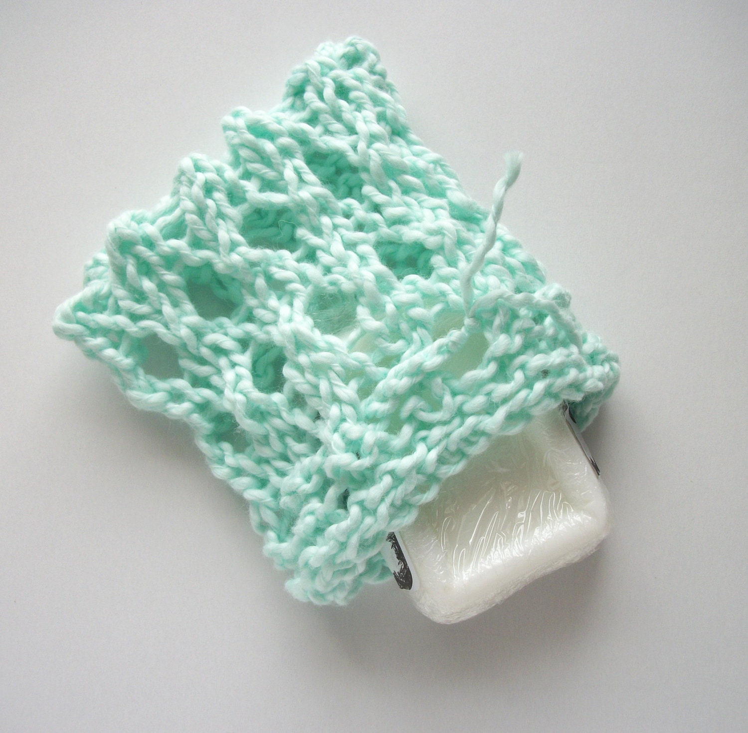 Mint Green Soap Saver Cotton Hand Knit Mesh Soap Sack For Sensitive Skin