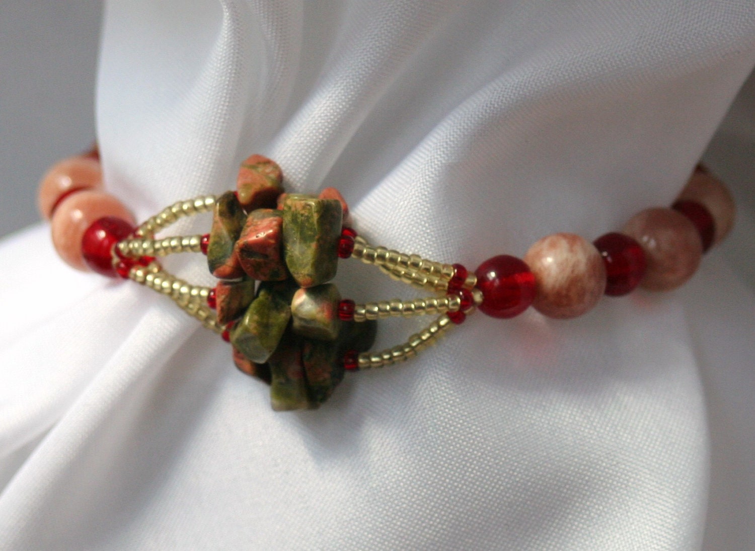 Pink Moonstone beaded Bracelet with Unakite and Red