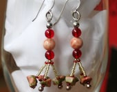 Pink Moonstone Beaded Earrings with Unakite and Red