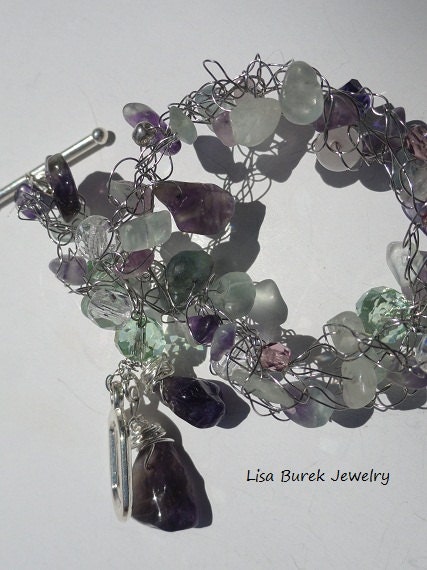 SALE Bracelet Wire Crochet Amethyst, Flourite and Crystals