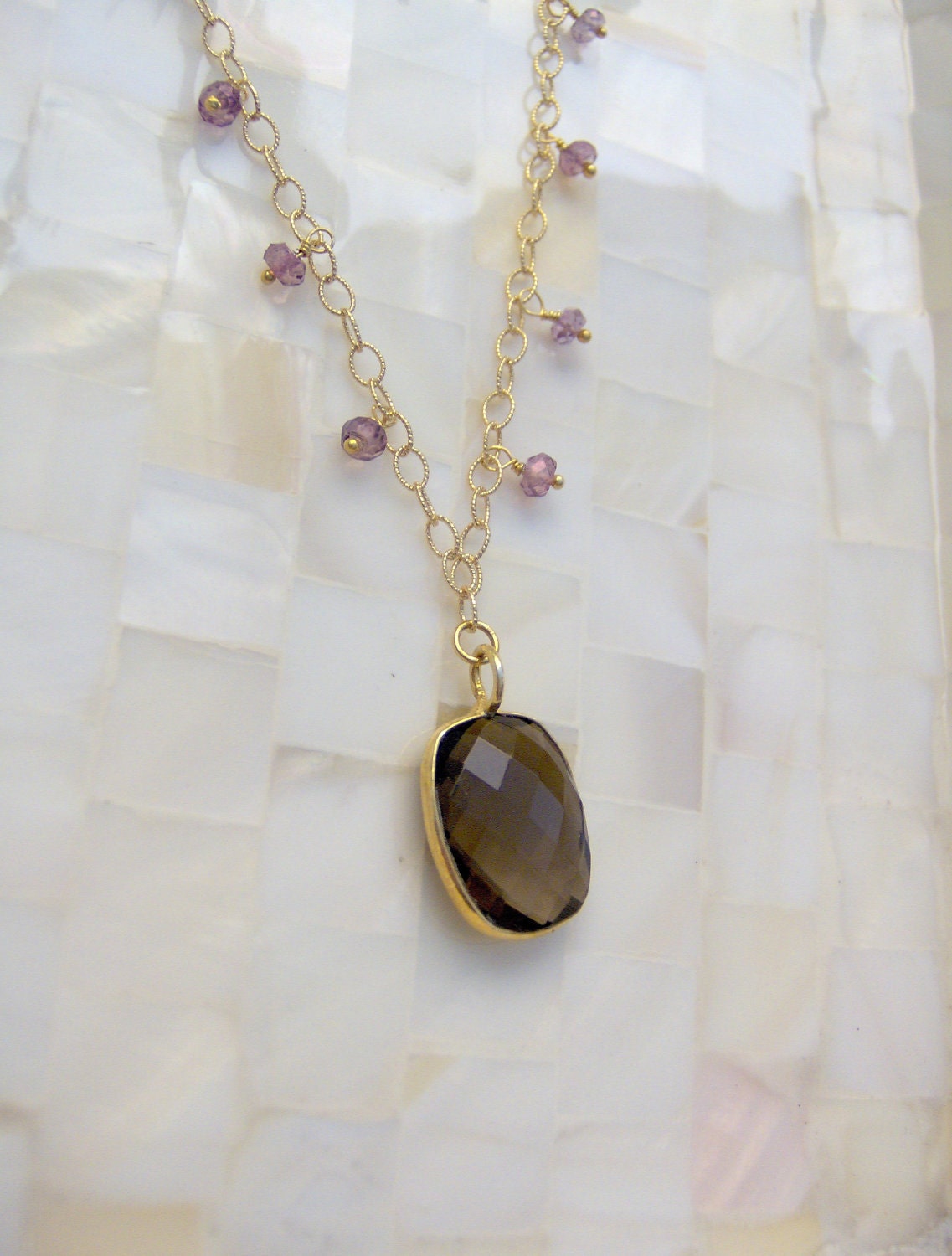 Faceted Smoky Quartz Bezel Vermeil Pendant & Pink Quartz Rondelle Gold Chain Necklace