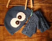 I Love Cookies blue monster beanie hat with royal blue fingerless gloves handmade with love