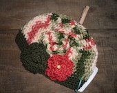 Varigated Cloche Olive Coral and Cream Varigated Beanie Crochet Hat with Flowers Child/Teen/Adult Hat