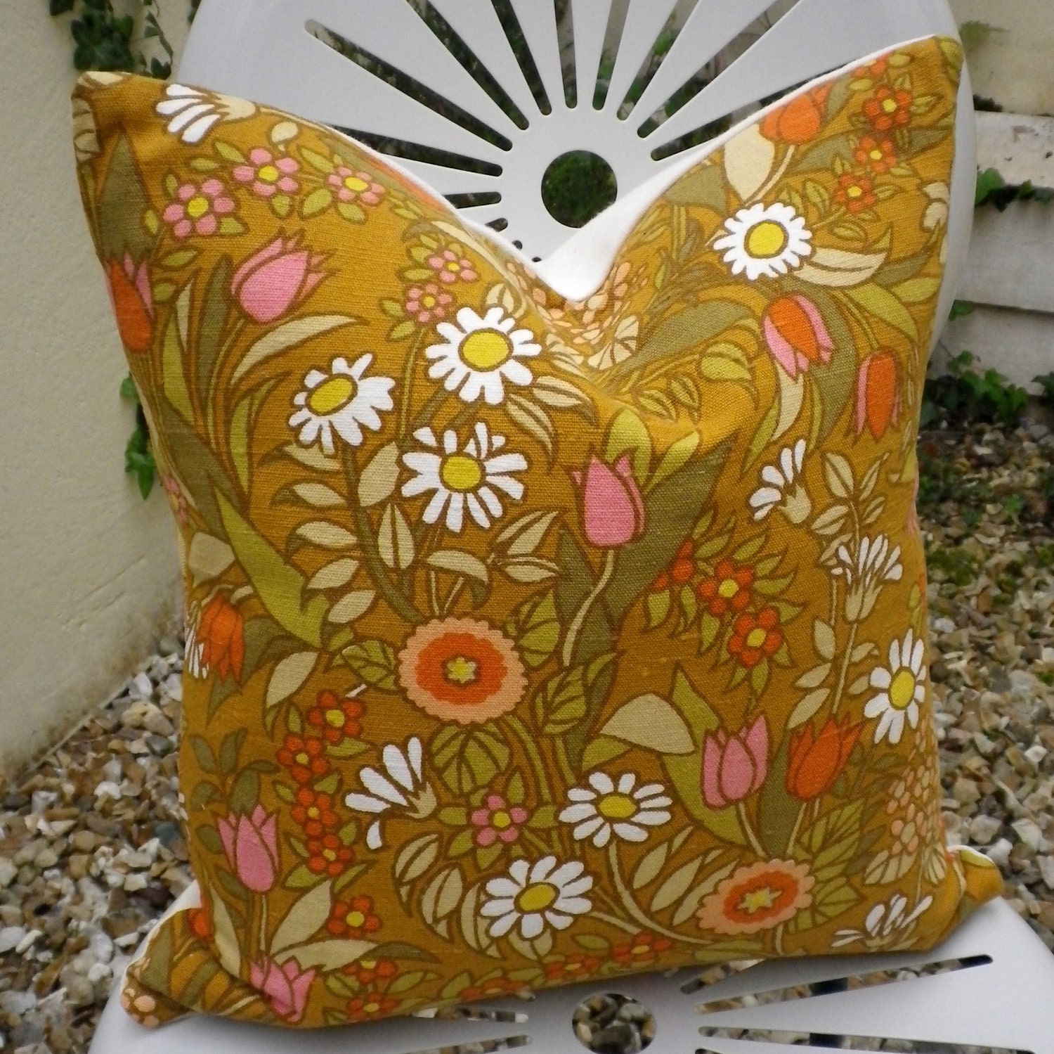 Vintage 1970s Flower Waltz Jonelle Linen Fabric Cushion Pillow