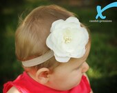Soft Cream Rose with Three Pearl Center  on an Interchangeable  Champagne Elastic Headband  (Newborn, Toddler, Child) Wedding