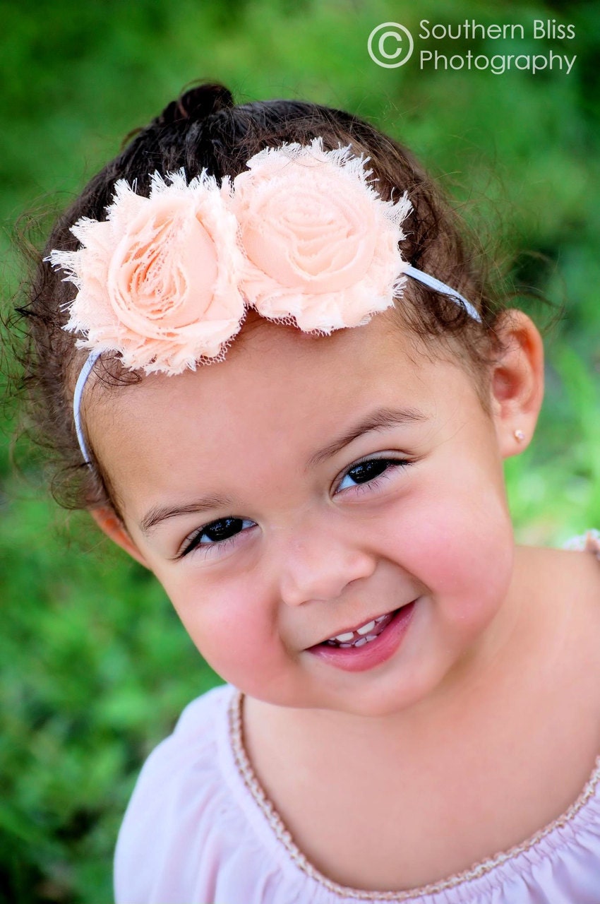Double Peach Shabby Chic Chiffon Rosettes on a Skinny White Headband (Newborn, Toddler, Child)