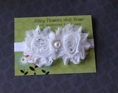 Shabby Chic Vintage White Rosettes with a White Pearl and Rhinestone Button (Newborn, Toddler, Child) Wedding, Flower Girl