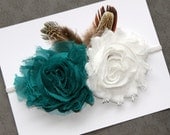 Teal and Ivory Shabby Chic Rosettes with Guinea Feathers on a Skinny Headband (Newborn, Toddler, Child)