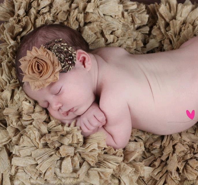 Shabby Chic Taupe and Brown Headband on a Brown  Skinny Headband (Newborn, Toddler, Child)