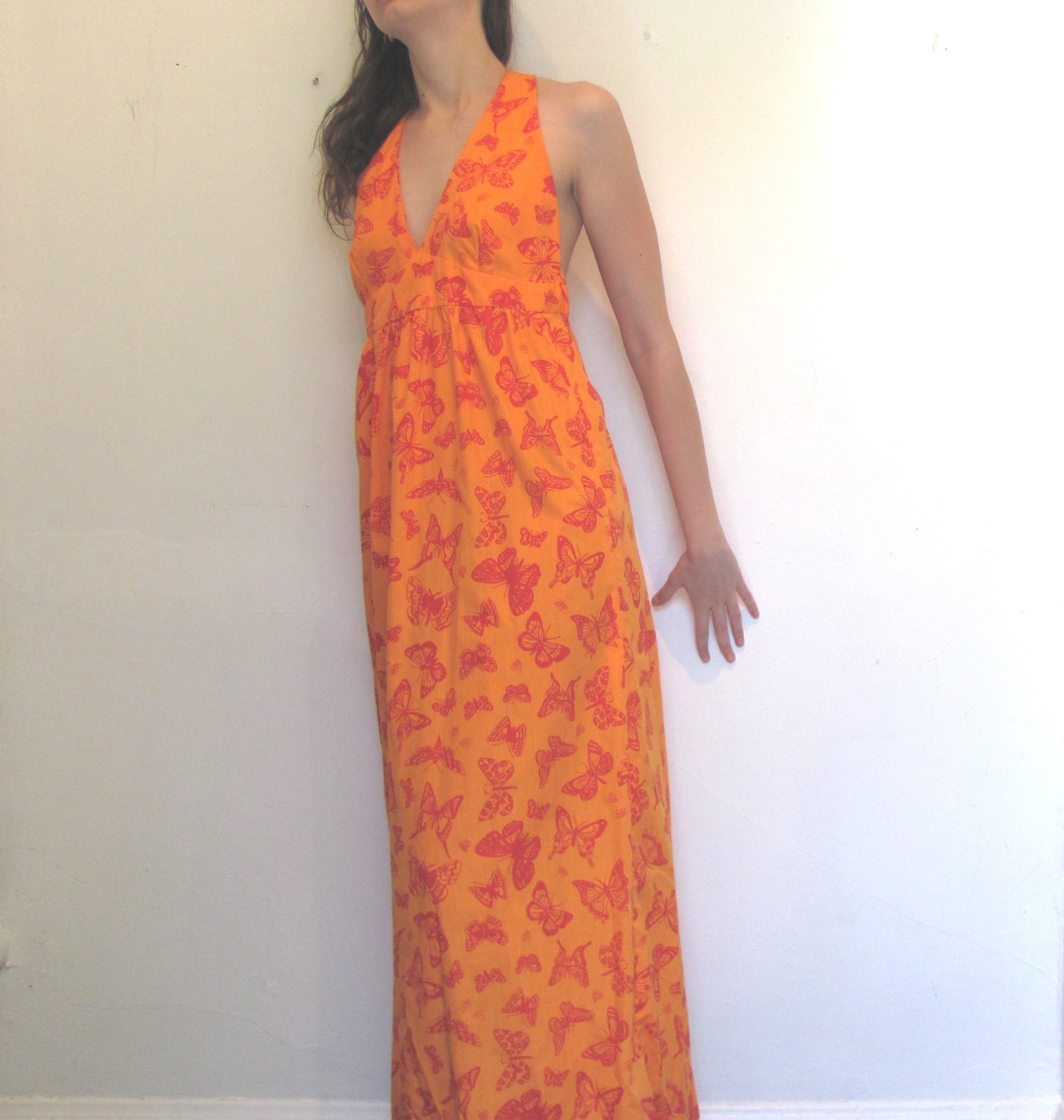Bees and Butterflies Maxi Dress / Bright Orange Summer Dress