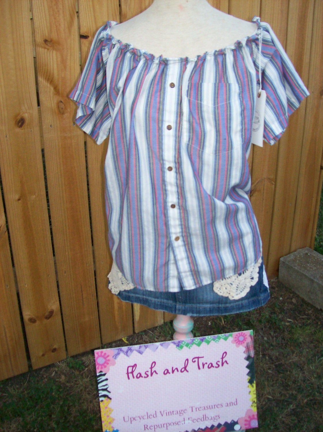 Upcycled Recycled Western Pearl Snap Shirt  Peasant Blouse Blue Stripes