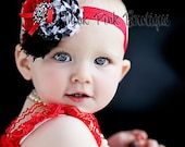 Baby headband, Newborn Headband, Hair Bows, Baby Bows, Red and black headband, flower headband, headband, shabby chic roses headband