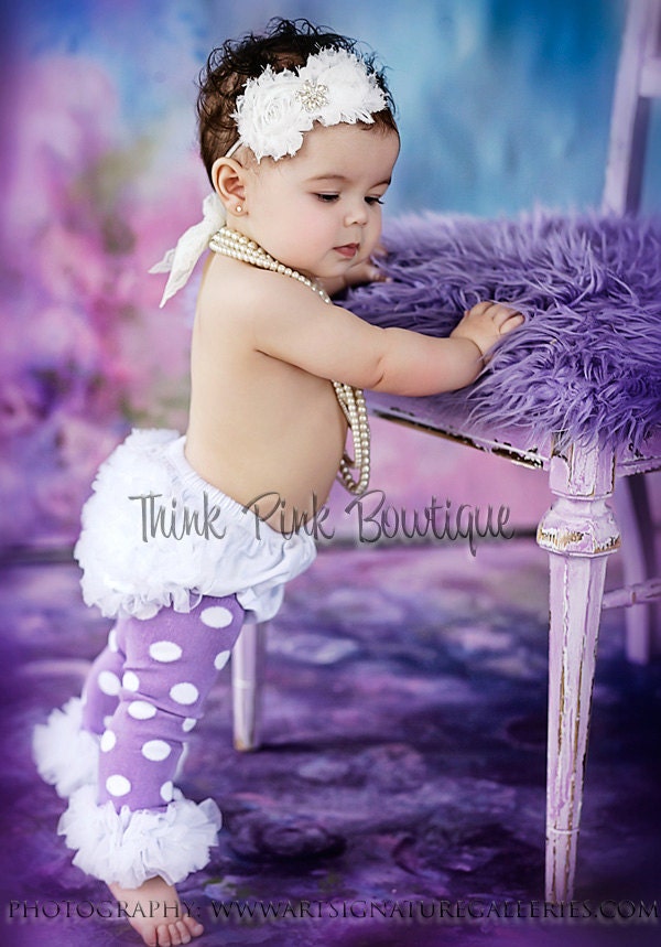 purple with white polka dots ruffled baby and toddler leg warmers