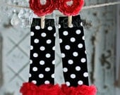 black with white polka dots and red ruffles baby and toddler leg warmers