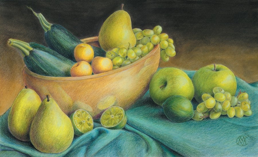 Green vegetable and fruit still-life with pears, grapes, zucchini squash, limes, golden plums, apples - Art Reproduction (Print) - "Green"