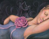 Woman with pink rose sleeping and dreaming of a romantic dancing couple - Art Reproduction (Print) - "Ghost of a Rose" - Valentine's Day