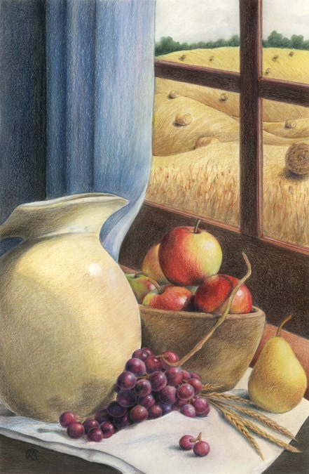 Pastoral rural still-life with clay pitcher, apples, grapes, wheat, round bales - Original Mixed Media Art - "Harvest" - CaryeVDPMahoney