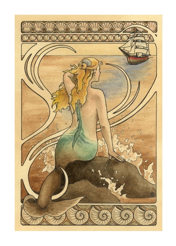 Mermaid sits on a water sprayed rock in the ocean and watches a ship approach, art nouveau border - Art Reproduction (Print) - "Mermaid"
