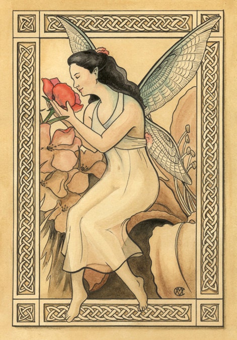 Mermaid sits on a water sprayed rock in the ocean and watches a ship approach, art nouveau border - Art Reproduction (Print) - "Mermaid"