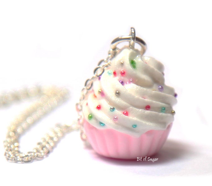 Pink Cupcake Necklace with Rainbow Sprinkles - Cute, kawaii fake miniature food jewelry