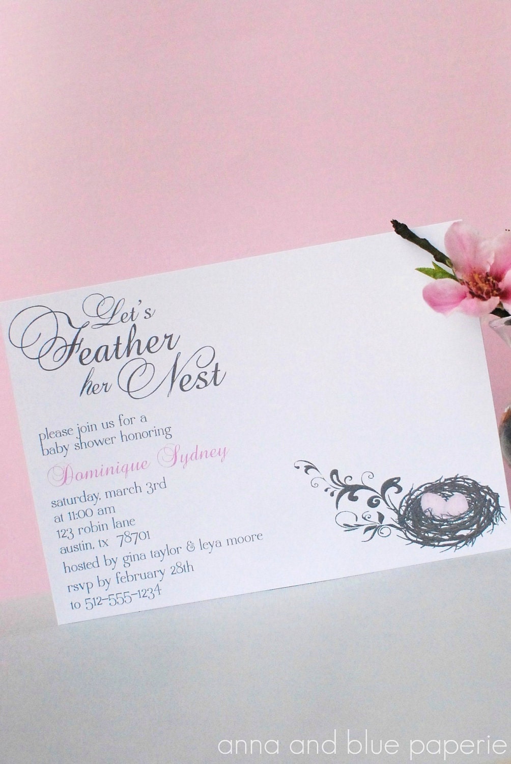 Feather Her Nest Baby Shower Invitation - Custom PRINTABLE diy invitation - available in pink, blue, green or yellow Il_570xn