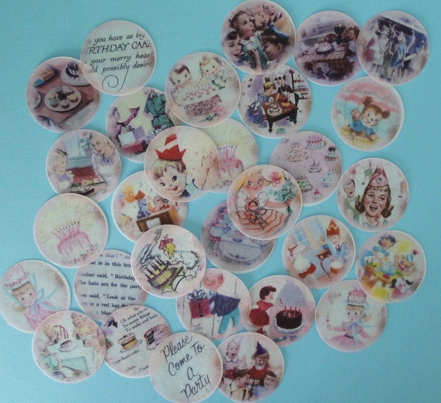 Vintage Birthday Party edible image wafer papers for cookies, fondant cupcake toppers, chocolates or your cake