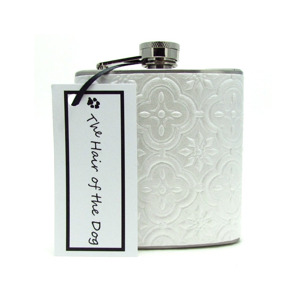 Embossed Ivory 6oz or 8oz Flask with Funnel and Tote Bag