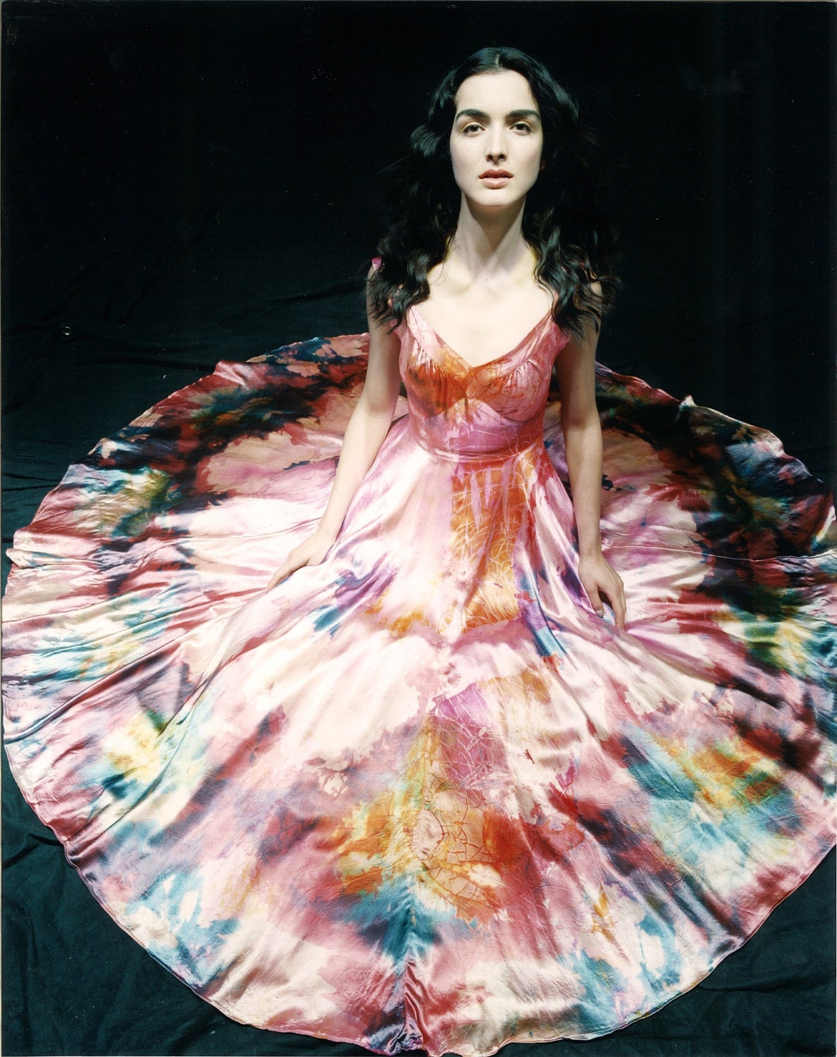 Hand painted psycheldic ball gown custom order vintage style rayon satin by momosoho