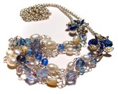 Handmade Sterling Silver Multi-strand Necklace w Vintage Links, Freshwater Pearls, Cream White & Blue, Retro Mid-Century 1960s Jewelry