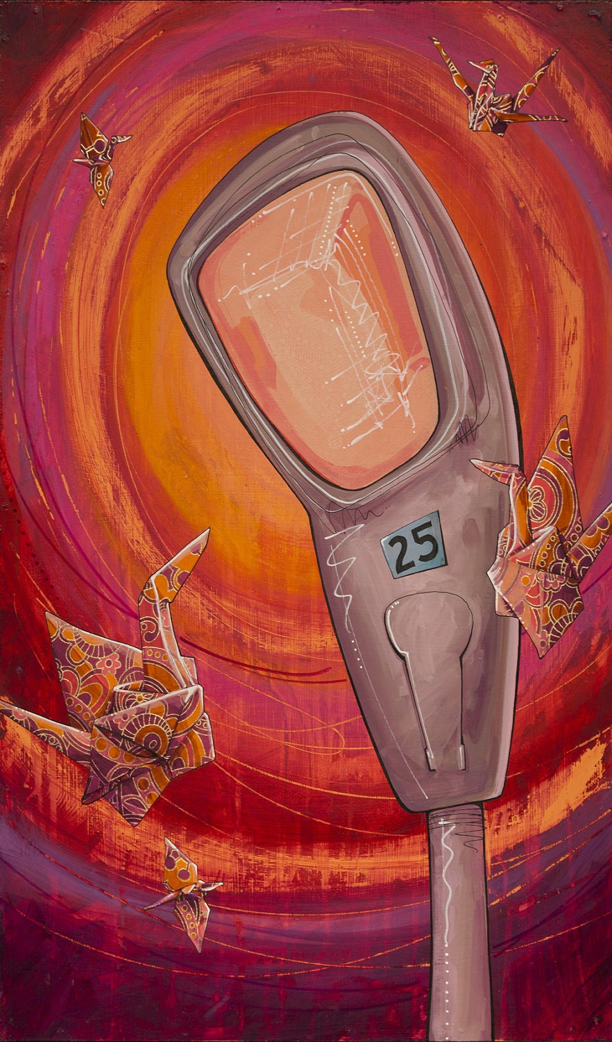 limited edition giclee print: paper cranes around a orange pink glowing streetlight