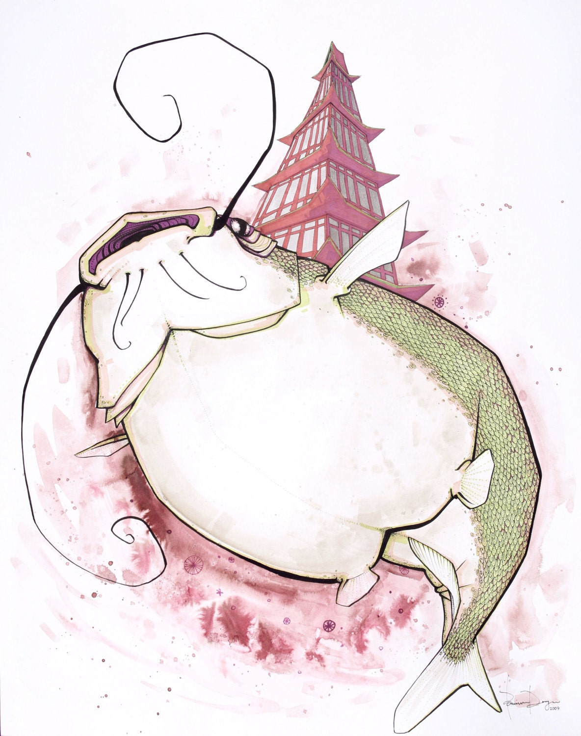 Giclee art print : green catfish with maroon asian temple
