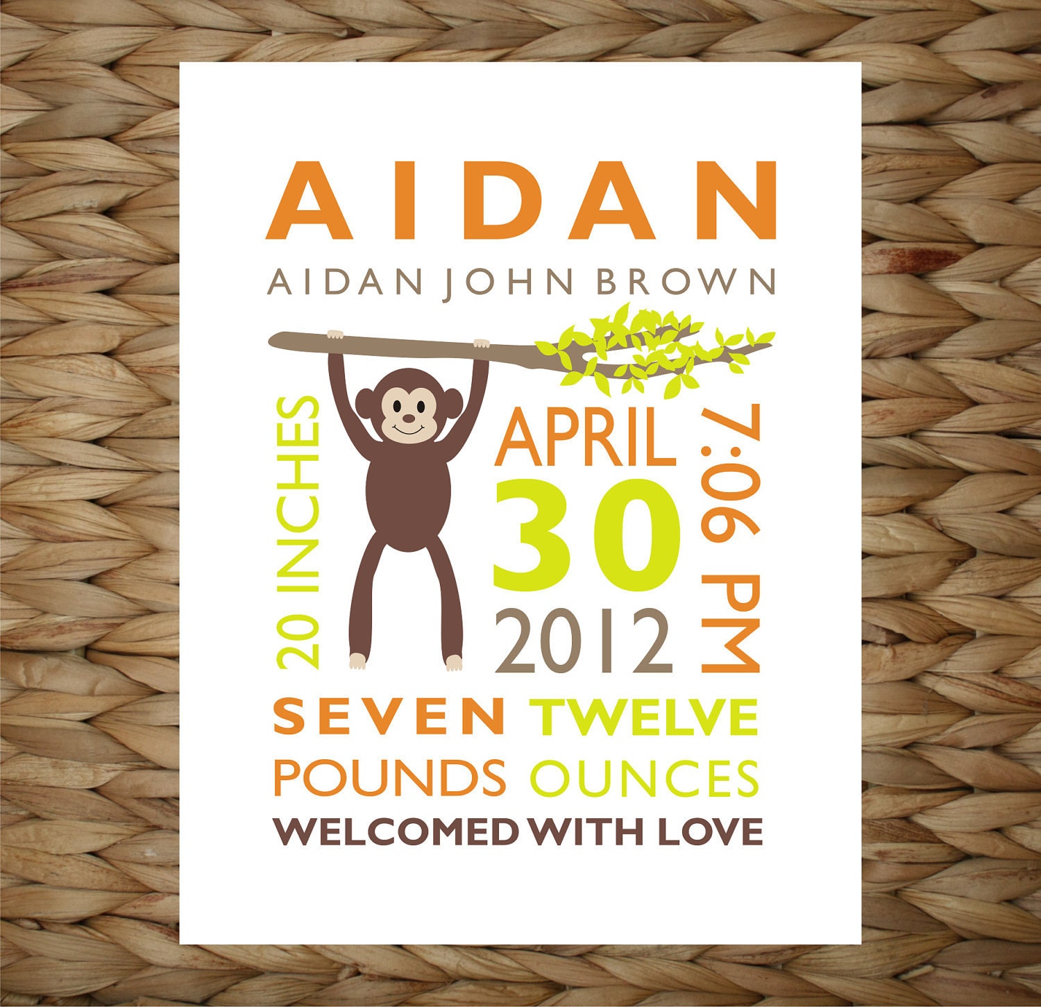 Custom Personalized Nursery Wall Print 8x10 Birth Announcement - Monkey - original design by a drop of golden sun