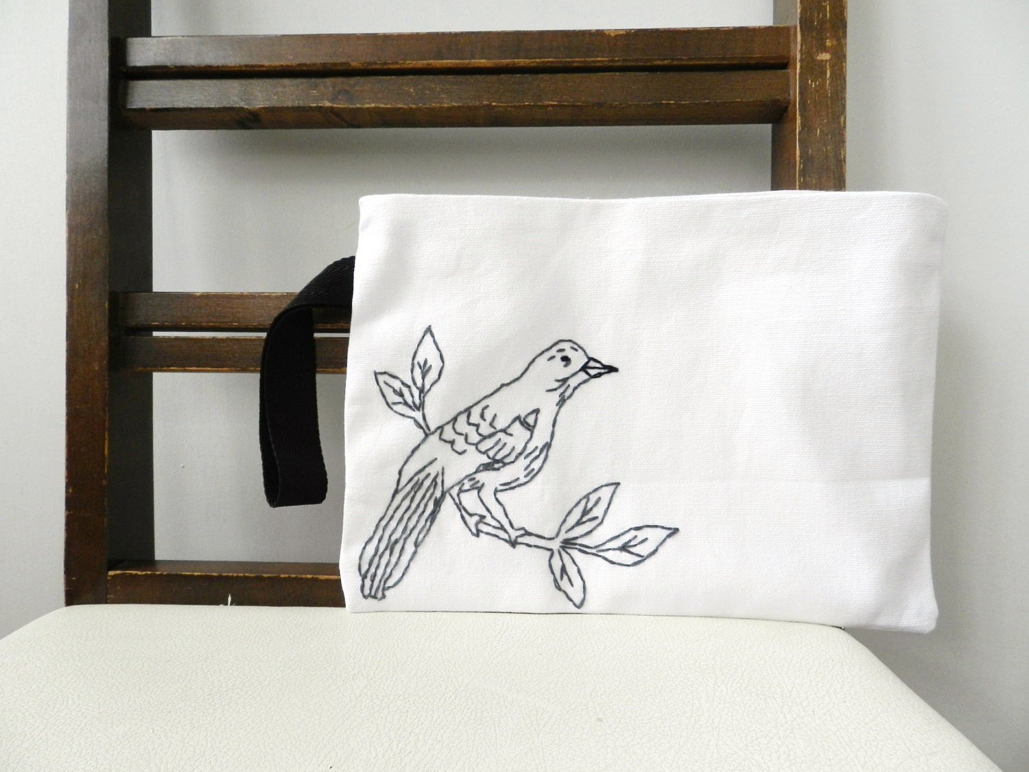 Bird on a Branch Wristlet. Black White Charcoal Gray.  Lightweight Handbag.