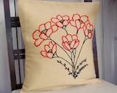 Poppy Pillow Cover Embroidered 16 inch.  Red and Black.  Beige.  Spring Decor.