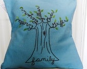 Personalized Family Tree Pillow Cover. Hand Embroidery.  Mothering Sunday.  Light Blue 16 inch.   Slate Blue.