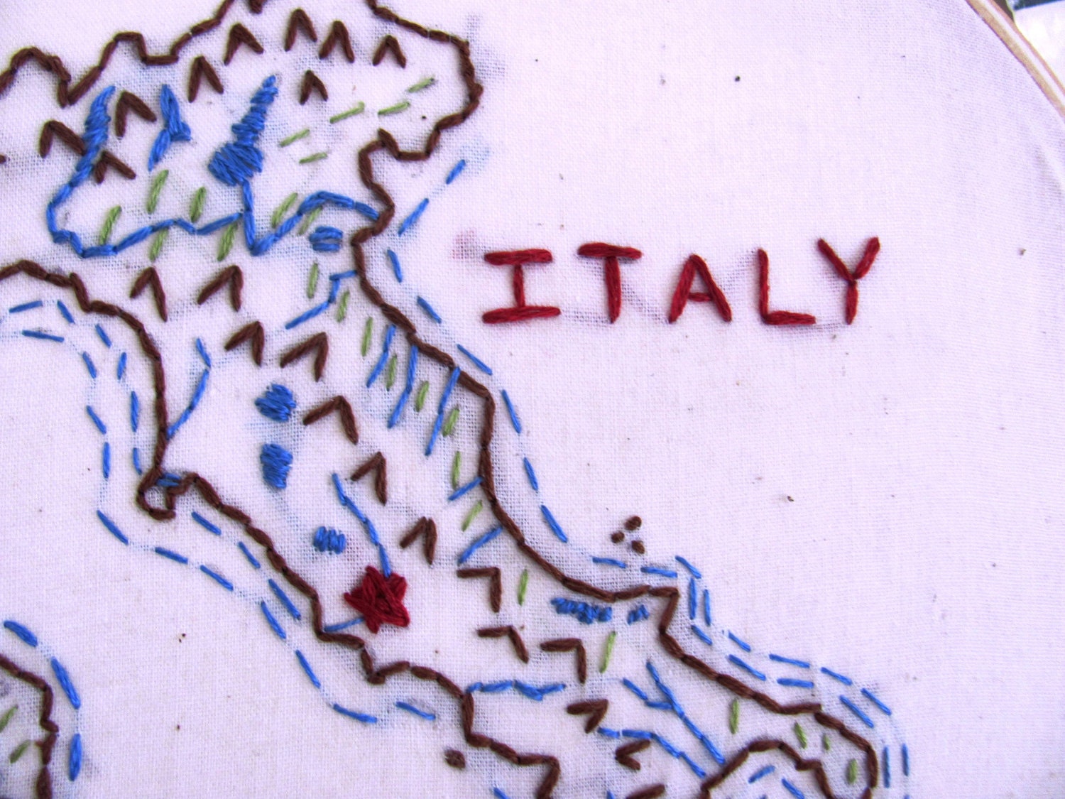 Italy Embroidery Hoop Wall Art. 7 inches. Europe. Map of Italy. Red, Blue, Brown, Green. Gift for Parents of the Bride or Groom.