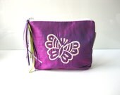 Purple make up pouch. butterfly zipper pouch. travel pouch. silk cosmetic pouch. purple butterfly