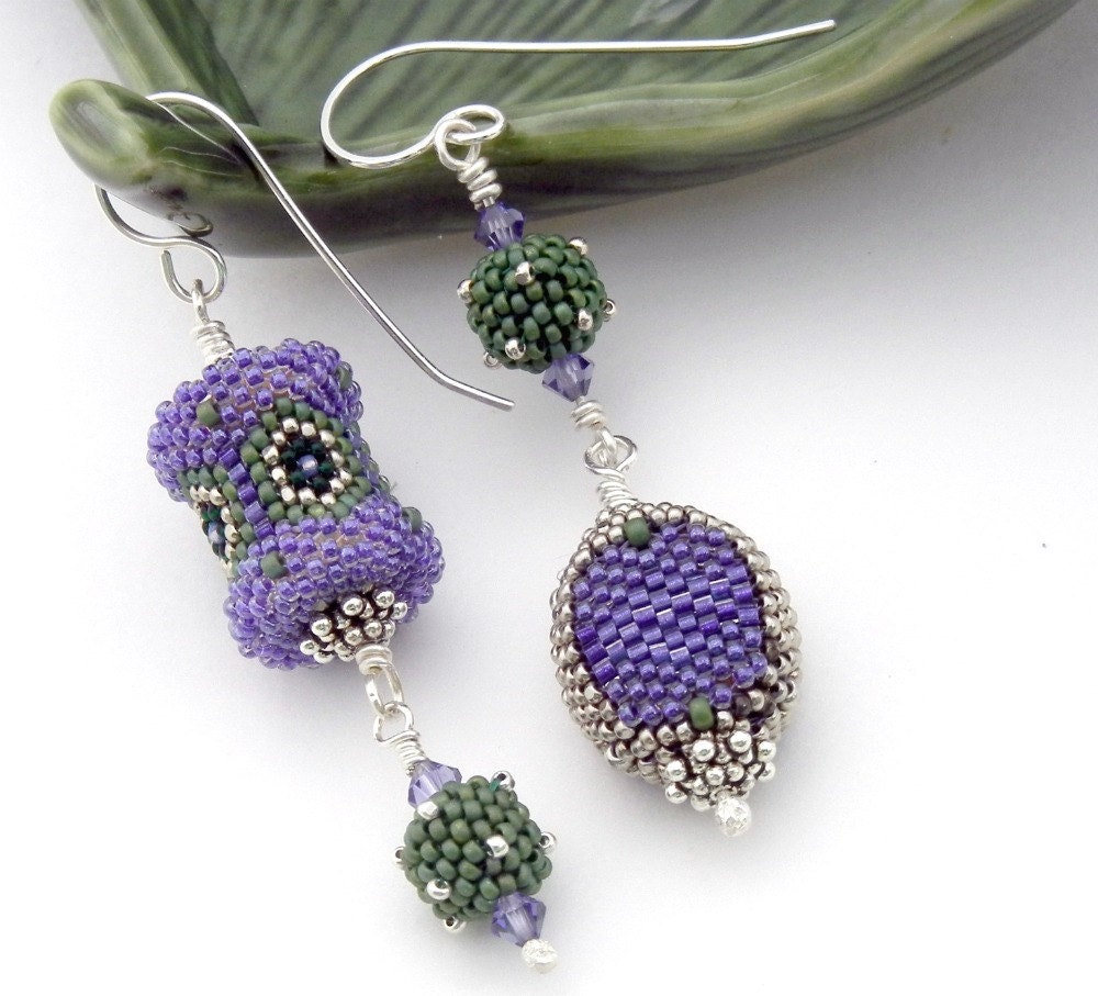 Asymmetrical Earrings - handmade beaded bead art jewelry - purple sage green silver