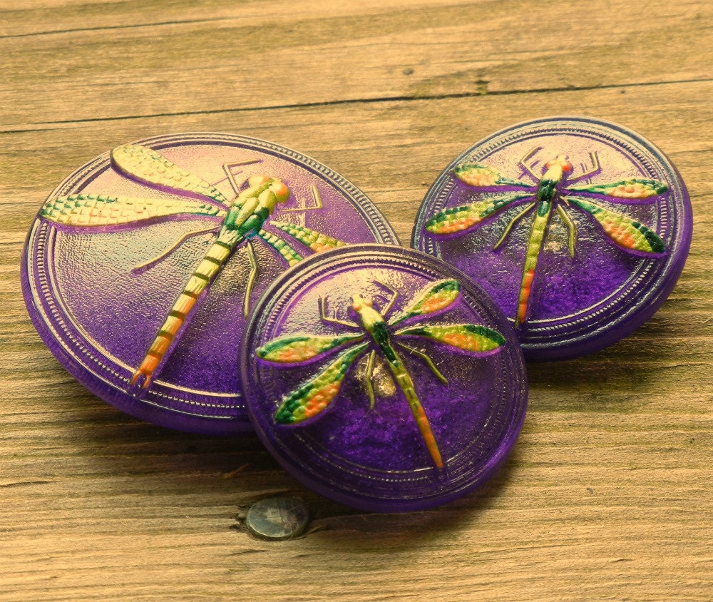 Modern Czech Glass Dragonfly Buttons - set of 3 -  purple green orange - BK323 and BK306