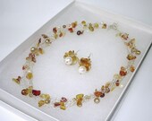 Orange Crochet Necklace, June birthstone, Citrine gemstone Necklaces, Sterling Silver, Carnelian White Gold Pearls,