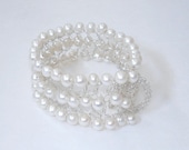 June birthstone pearl Jewelry, Handmade Bracelet, Silver Crochet Lace Summer Bride Wedding Delicate Cuff with Three Rows of Real Pearls