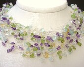 Wedding Statement Necklace, Natural Birthstone Jewelry, Handmade, Silver Pastels Purple Amethyst, Peridot, Aquamarine Citrine