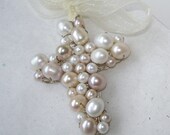 Minimalist Modern Hand Crochet Silver Wire, Pastel Pearl Cross Pendant, Spring Summer Bride Bridal Accessories, One of A Kind