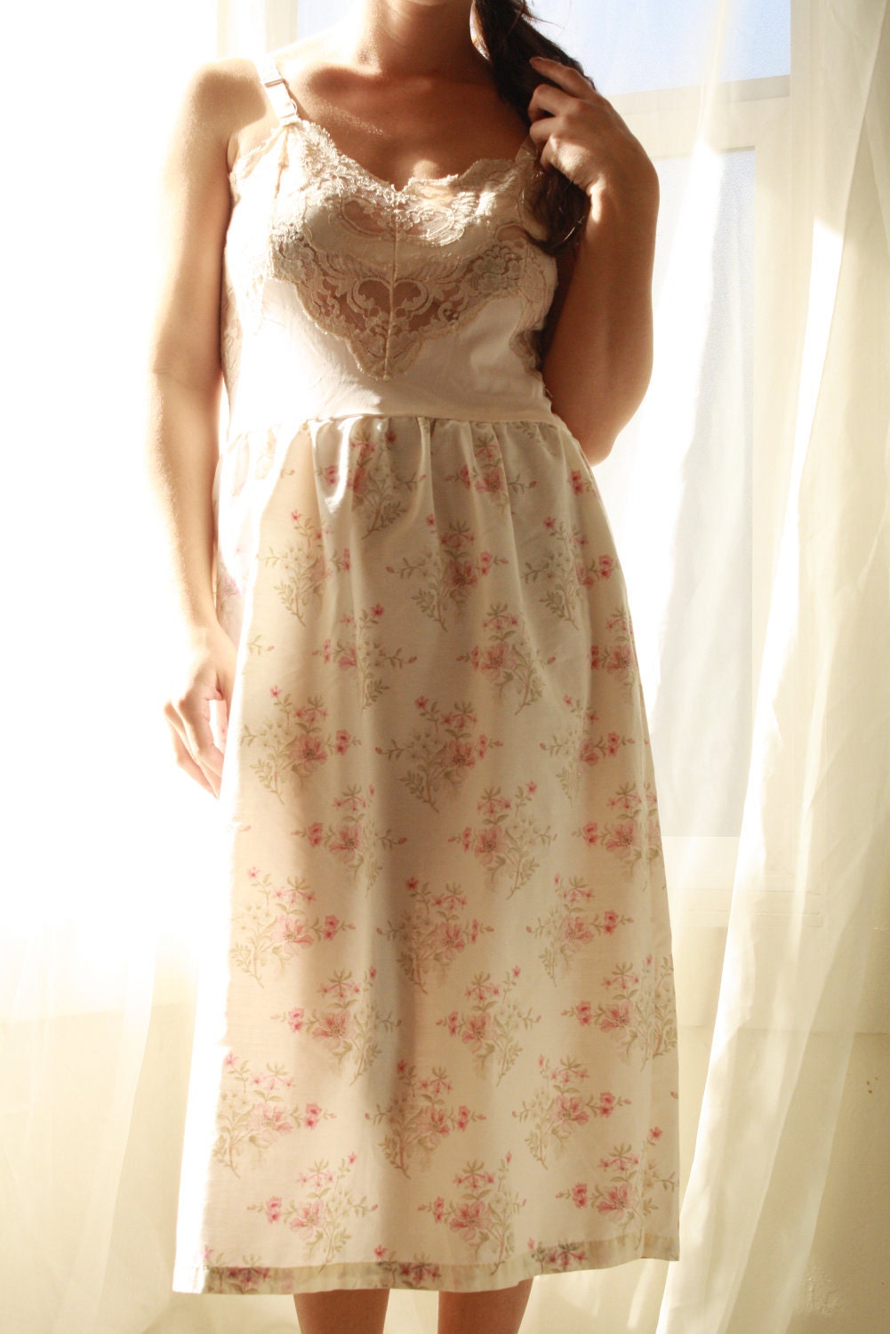 Old Stock SALE Vintage Honey Eco  Maxi Handmade Slip Dress- Tea Length  in  Pink and Floral-